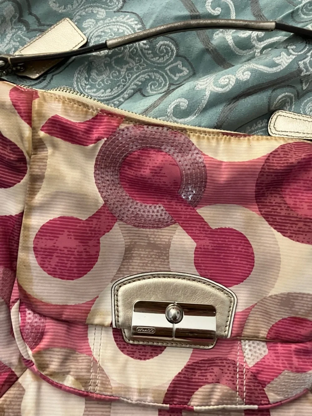 Coach Pink White and Silver Sequin Kristen Scarlet Hobo Shoulder Bag - Picture 2 of 9